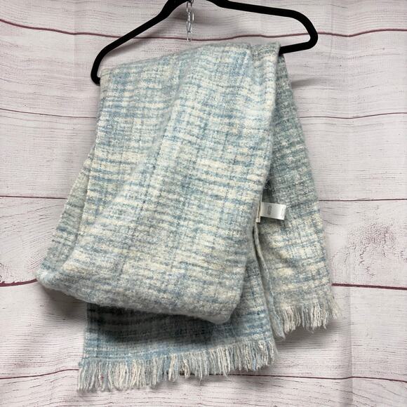 Anthropologie Blue Plaid Oversized Fringed Blanket Scarf Wrap Acrylic Wool Blend - Picture 2 of 7